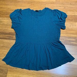 Lane Bryant Top Womens 22/24 Teal Smocked Peplum Puff Sleeve‎ Plus Size Summer